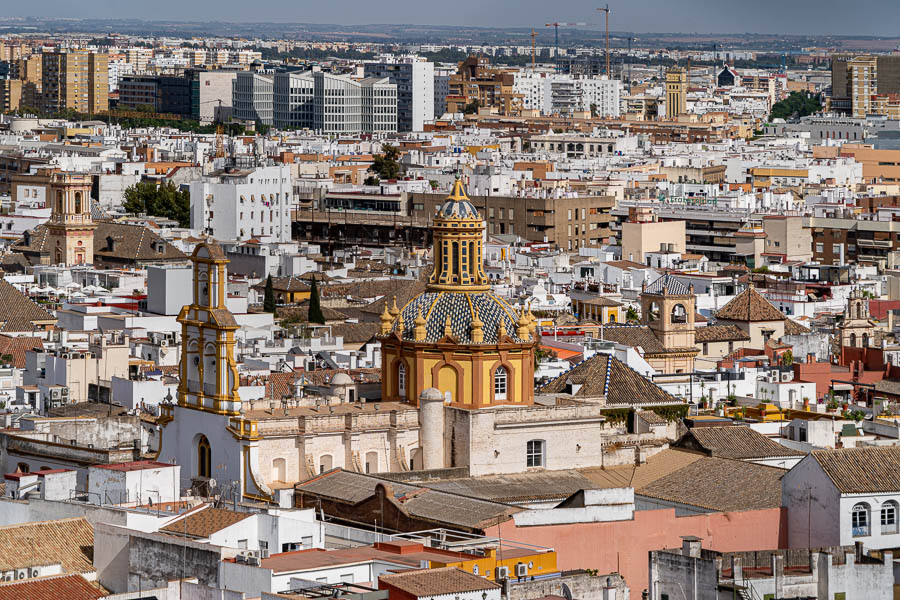 Séville, cathédrale : Giralda, vue est, iglesia de Santa Cruz