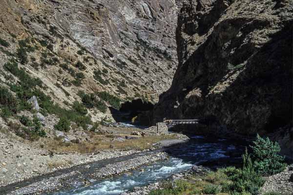 Sentier le long de la Tarap, moutons franchissant un pont